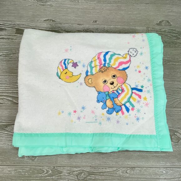 Vintage Riegel Teddy Beddy Bear Crib Blanket Green Trim 100% Polyester 36x45" - Picture 1 of 12